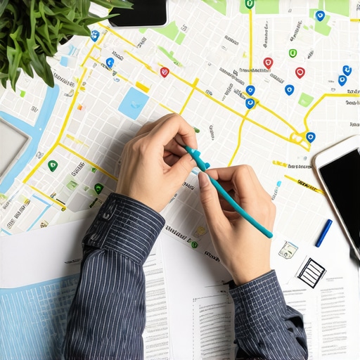 Person analyzing local map data and schema markup for SEO