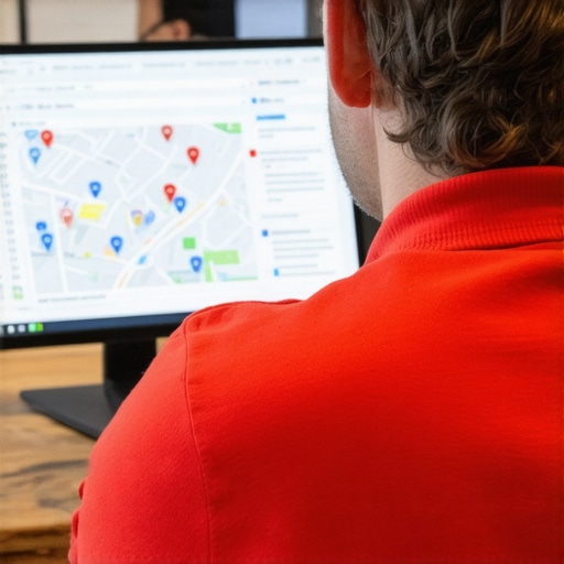 Business owner optimizing Google Maps profile on laptop using SEO tools