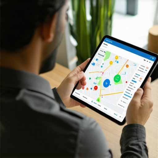 Business owner reviewing map analytics on digital tablet, focusing on strategy.