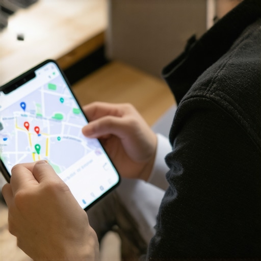 Business owner reviewing map analytics on a tablet, focusing on local SEO improvements.