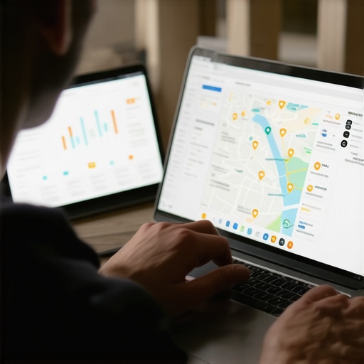 Person reviewing local SEO analytics on a laptop with maps and charts.