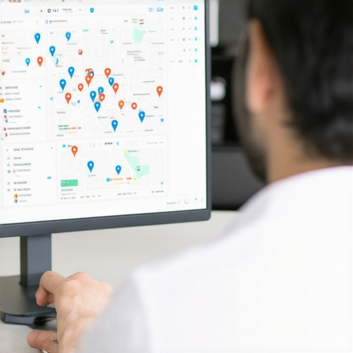 Business owner analyzing map and SEO data on a computer for local dominance.