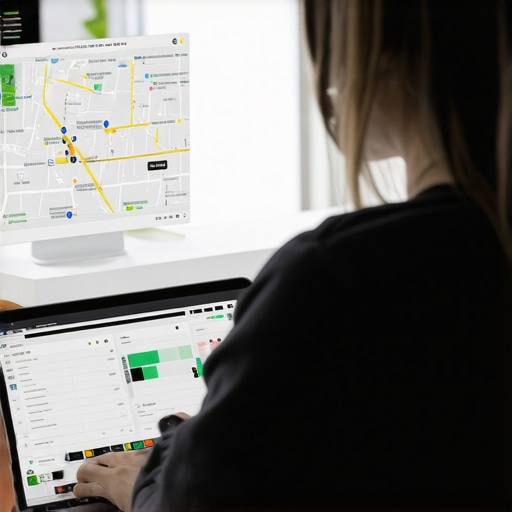 Person analyzing local map SEO metrics on a laptop in a professional setting.