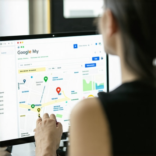 Business owner optimizing Google My Business profile on a desktop computer.