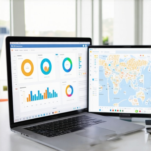 Workspace with screens displaying map analytics and SEO dashboards.