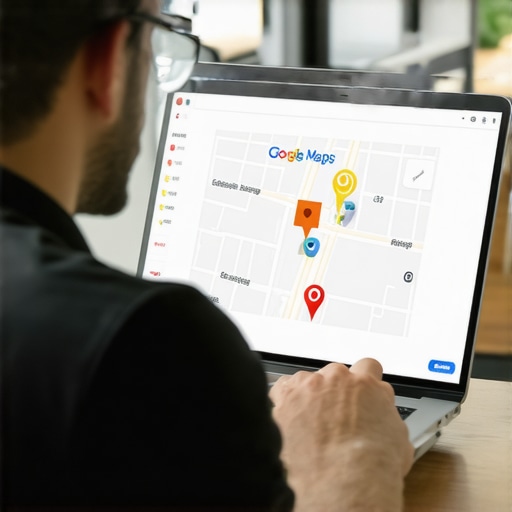 Business owner working on map listing optimization on a laptop with fast-loading map interface.
