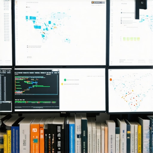 A desk setup with monitors showing mapping software and performance dashboards.