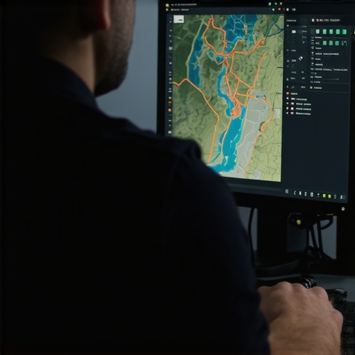 Technician analyzing map data analytics on a computer screen.