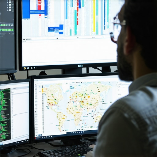 Developer analyzing map performance metrics on multiple screens.
