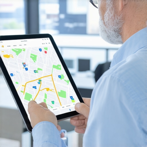 A person analyzing local map data on a tablet, showing fast-loading map analytics for business growth.