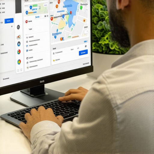 Person editing local business profile on a laptop with maps and SEO graphics