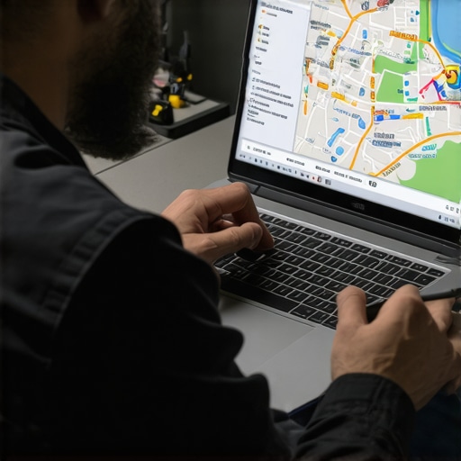 Person working on geocoding and map management with technical equipment