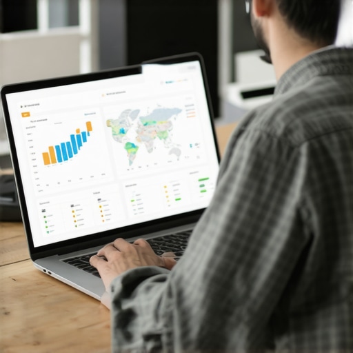 Person analyzing local map ranking data on a laptop for ongoing SEO maintenance